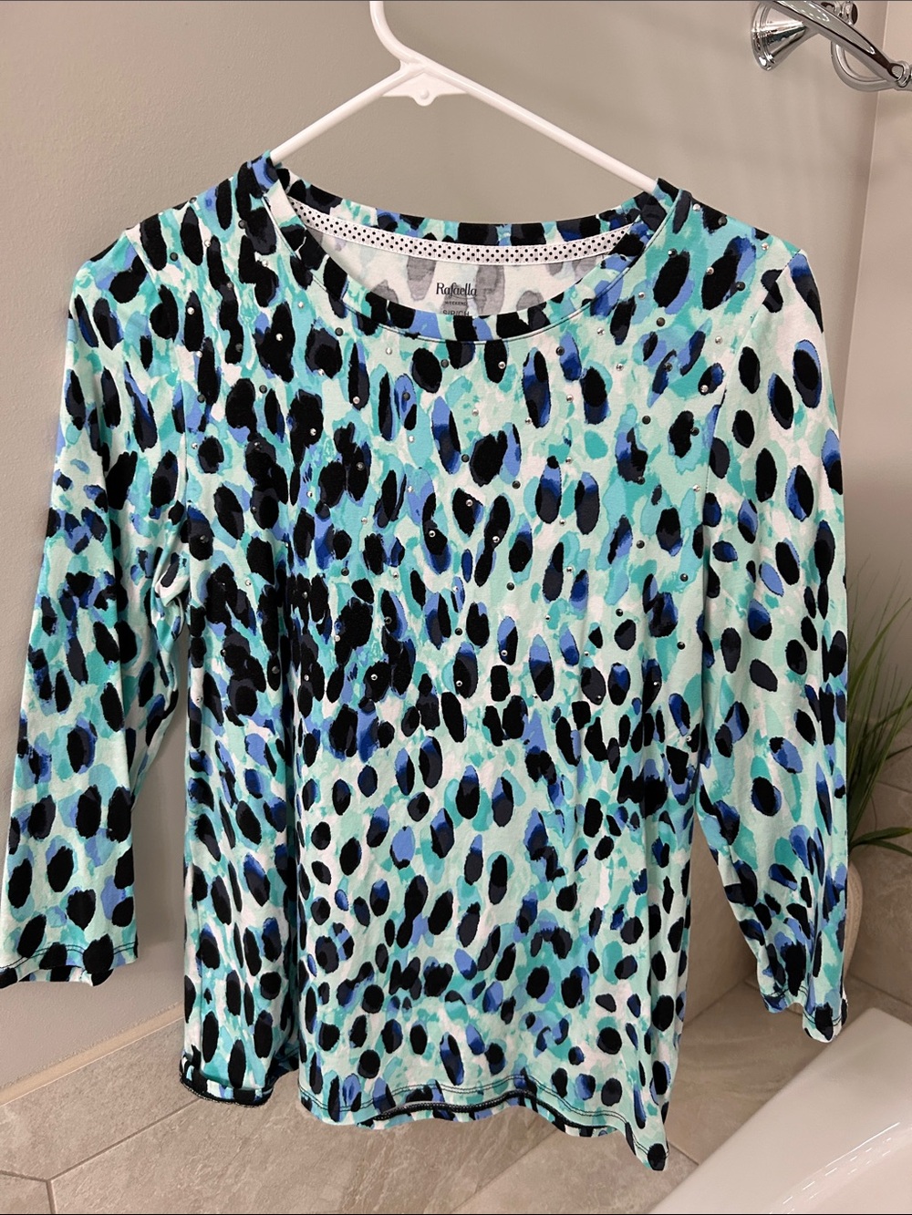 Rafaella Aqua, Blue & Black Animal Print 3/4 Sleeve Top